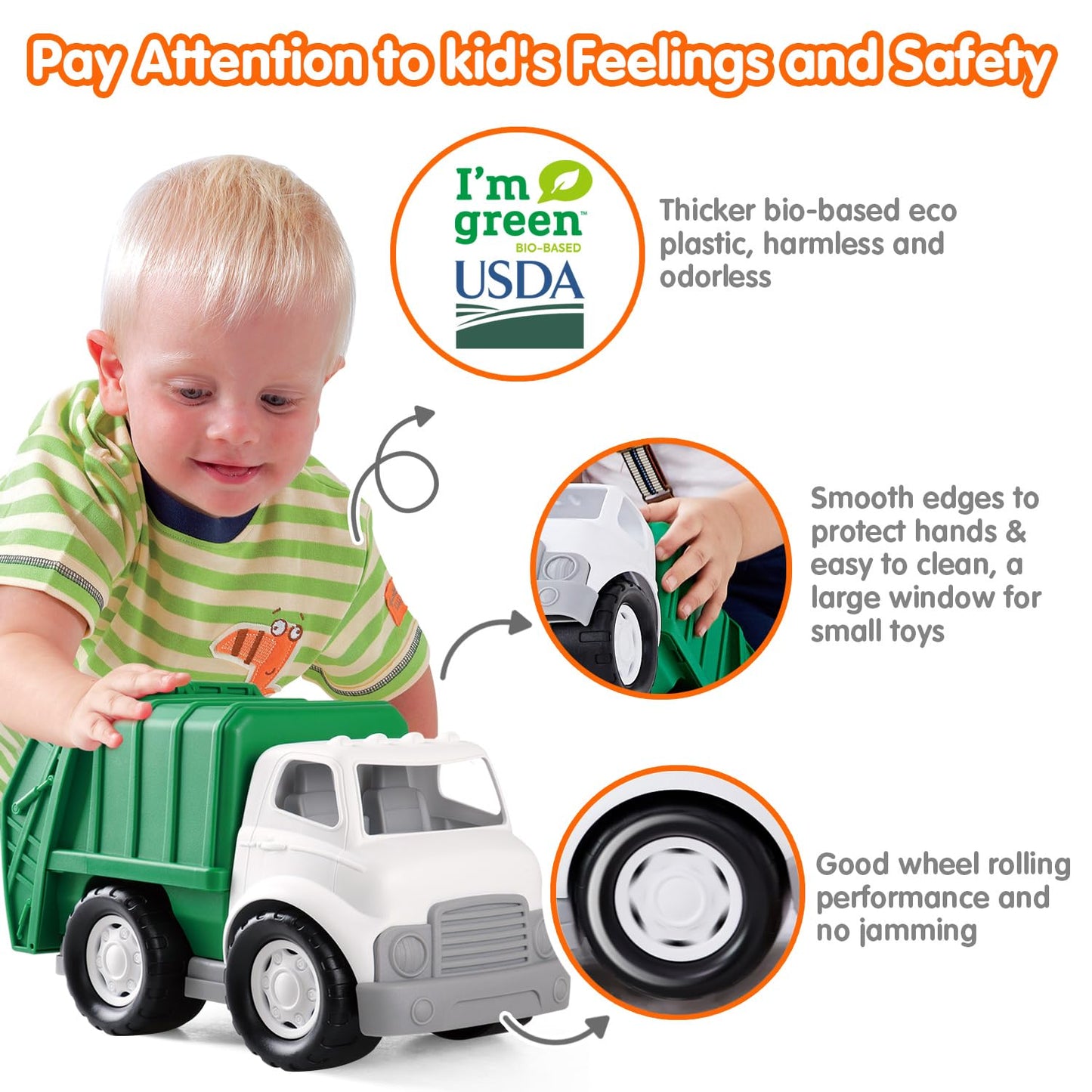 PLAY Eco-Friendly Garbage Truck, [USDA Certified] No BPA/Phthalate/PVC, Recycled Bioplastic Trash Truck Toys for Boys 1-4, Fine