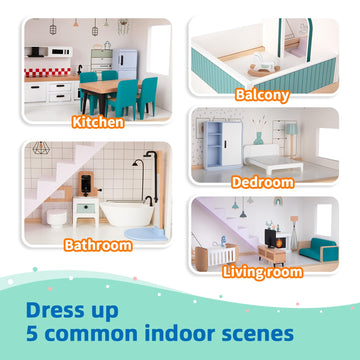 Oook Wooden Dollhouse For Kids, Doll House With Simulated Luxury Furniture Set, Dollhouse Playset For Girls Toddlers (Including
