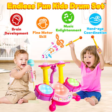 Kids Drum Set For Toddlers 1-3 Musical Baby Girl Toys For 1 Year Old Girl Gifts Educational Microphone Instruments Toys 12-18 Months Toddler Girl Toys Age 1-2 Birthday Gifts Presents For 6 9 12 Months