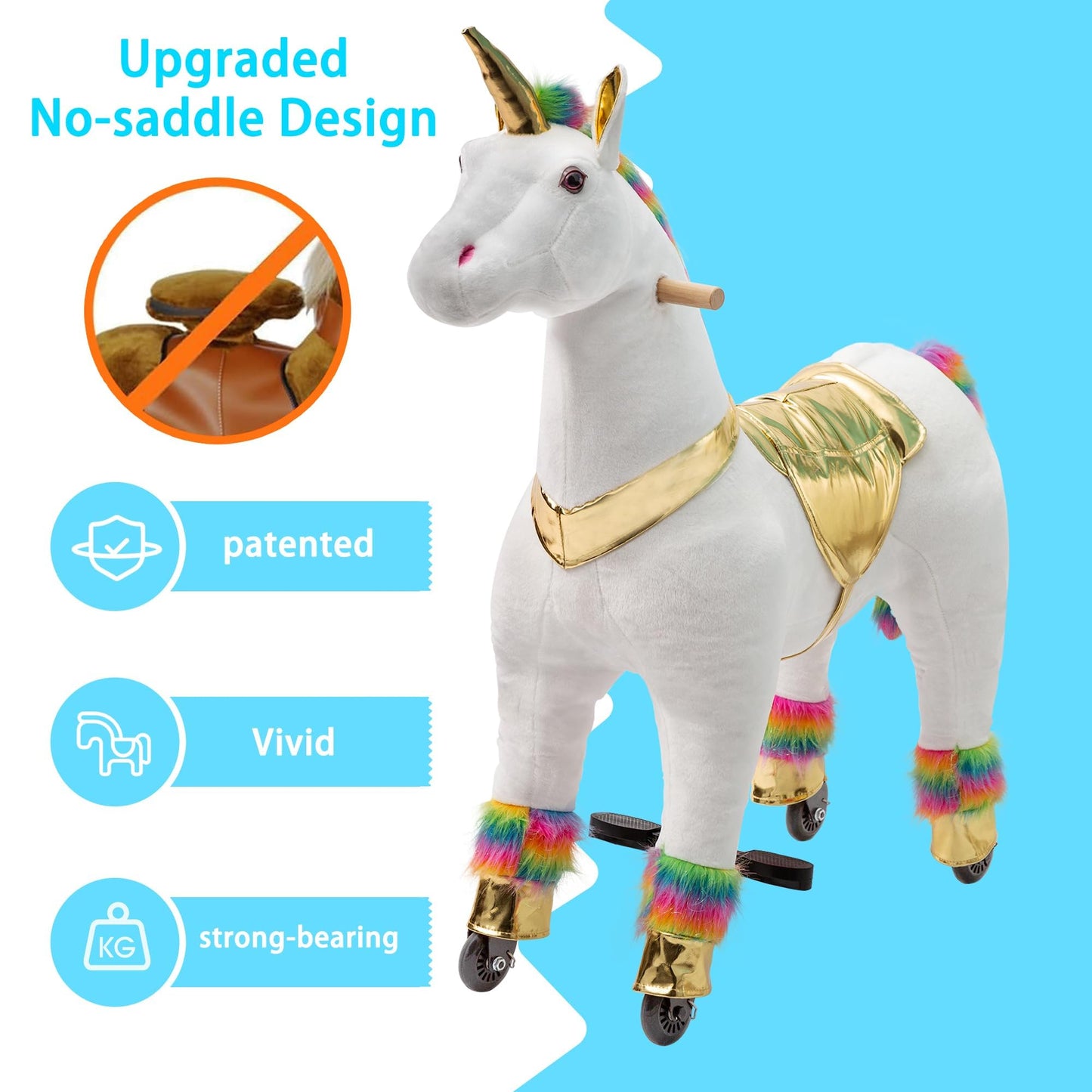 Pipleo Unicorn Ride-On Toy for Kids, Plush Mechanical Animal, Medium Size, Rainbow Color, No Battery, Max Load 165 LBS, Model 202