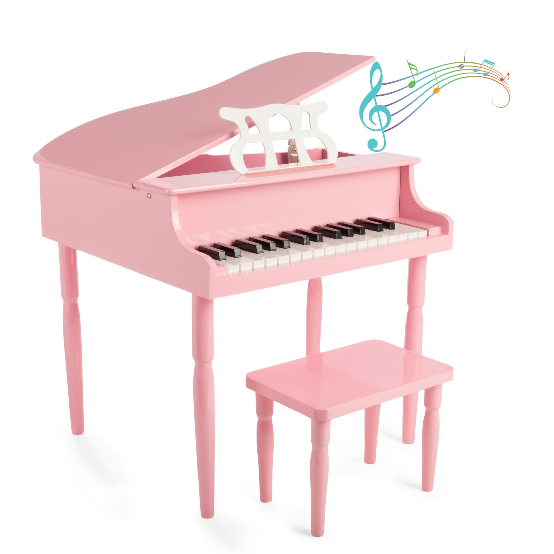 Hey Play Kids Mini Grand Piano - 30 Key with Music Stand, Bench, Note Stickers - Beginner Piano - Pink