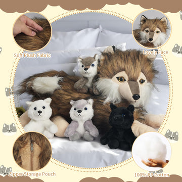 XYHQYB 5 Pcs Wolf Stuffed Animal Plush Toy Set - 16 Mommy Wolf with 4 Baby Wolves, Cute Gift for Kids, Easter and Birthday Decoration