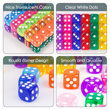 NiToy 50PCS 14MM Game Dice Set, Solid 6-Sided Translucent Vintage Colors Rounded Corners for Board Game, Party, Holidays, Family