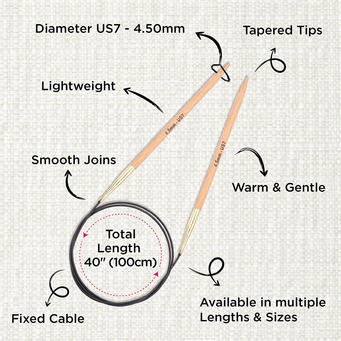 KNITPRO 100 cm x 4.5 mm Basix Fixed Circular Needles, Birch
