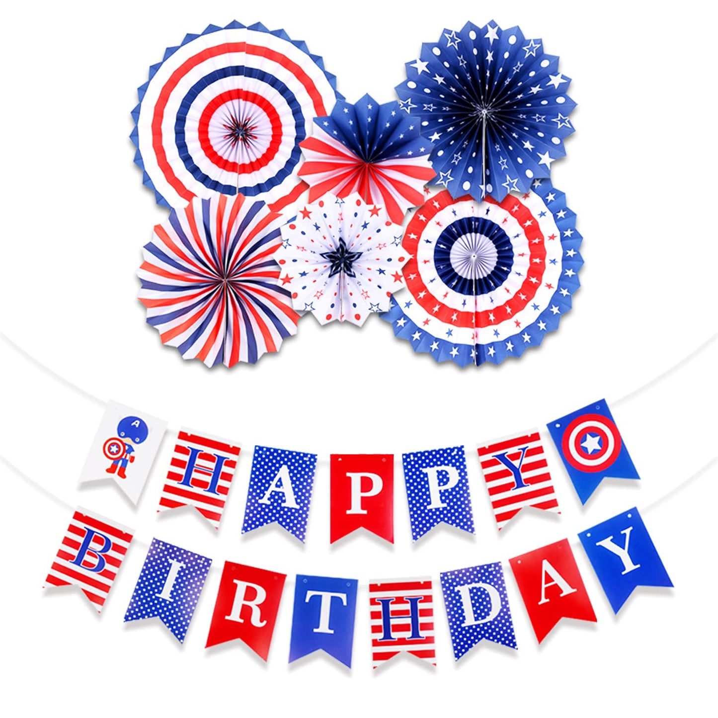 Zwiebeco Birthday Party Decoration Supplies-Red Blue White Happy Birthday Banner Bunting Garland Hanging Paper Fan Kit For Boys