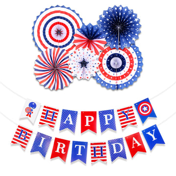 Zwiebeco Birthday Party Decoration Supplies-Red Blue White Happy Birthday Banner Bunting Garland Hanging Paper Fan Kit For Boys