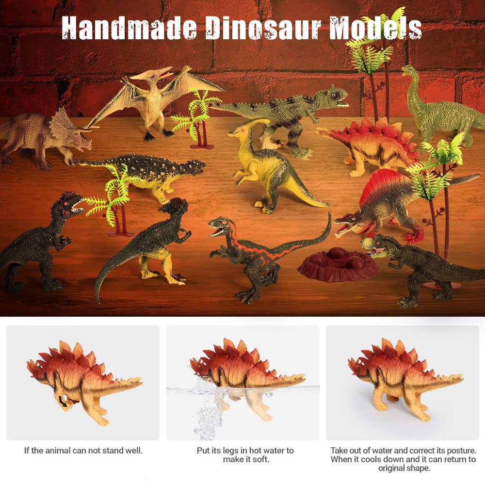 Fruse Jurassic Dinosaur Toys Figures,12 Pcs Realistic Large Dinosaur Figurines With Jumbo Play Mat & Information Dino Book,Educa