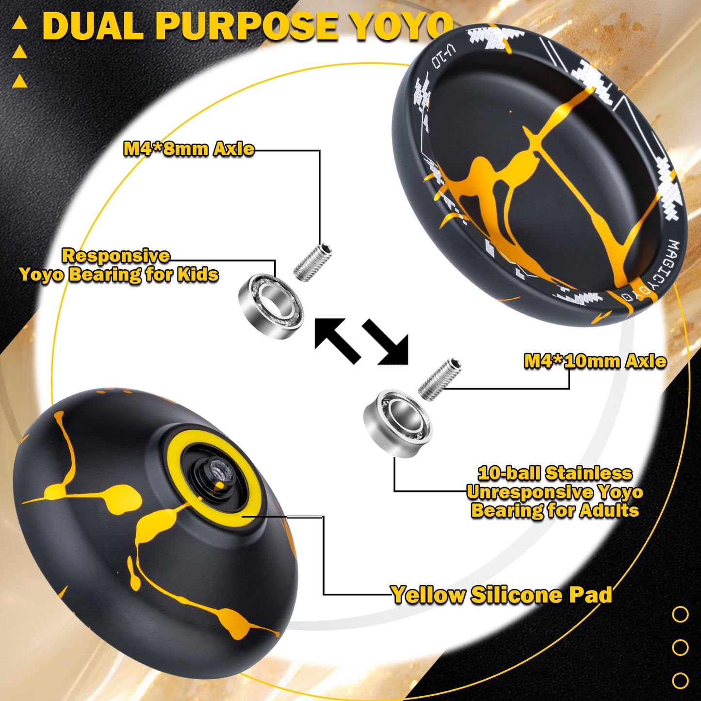 Magicyoyo V10 Black Golden Unresponsive Yoyo Professional Finger Spin Yoyo With 12 Yoyo Strings, Yoyo Case, Yoyo Glove