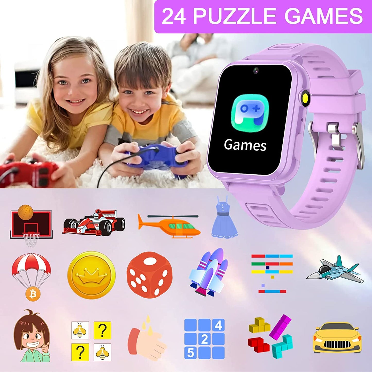 Kids Smart Watch Gift For Girls Age 3-12 Kids Watches 24 Games Touch Screen Music Player Camera Alarm Clock Calculator Flashlight 12/24 Hr Educational Toys Birthday Gifts For Girls Ages 6 7 8 9 10