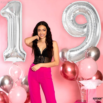 Katchon, Giant 19 Birthday Balloons Silver - 40 Inch | 19 Balloons For 19Th Birthday Decorations | Silver 19 Balloon Number | 19Th Birthday Balloons For 19 Year Old Birthday Party Decorations