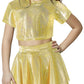 Happy Cherry 2Pcs Kids Girls Shiny Metallic Short Sleeve Crop Top with Pleated Skirt Set Dancewear Performance Costumes Gold 7-8
