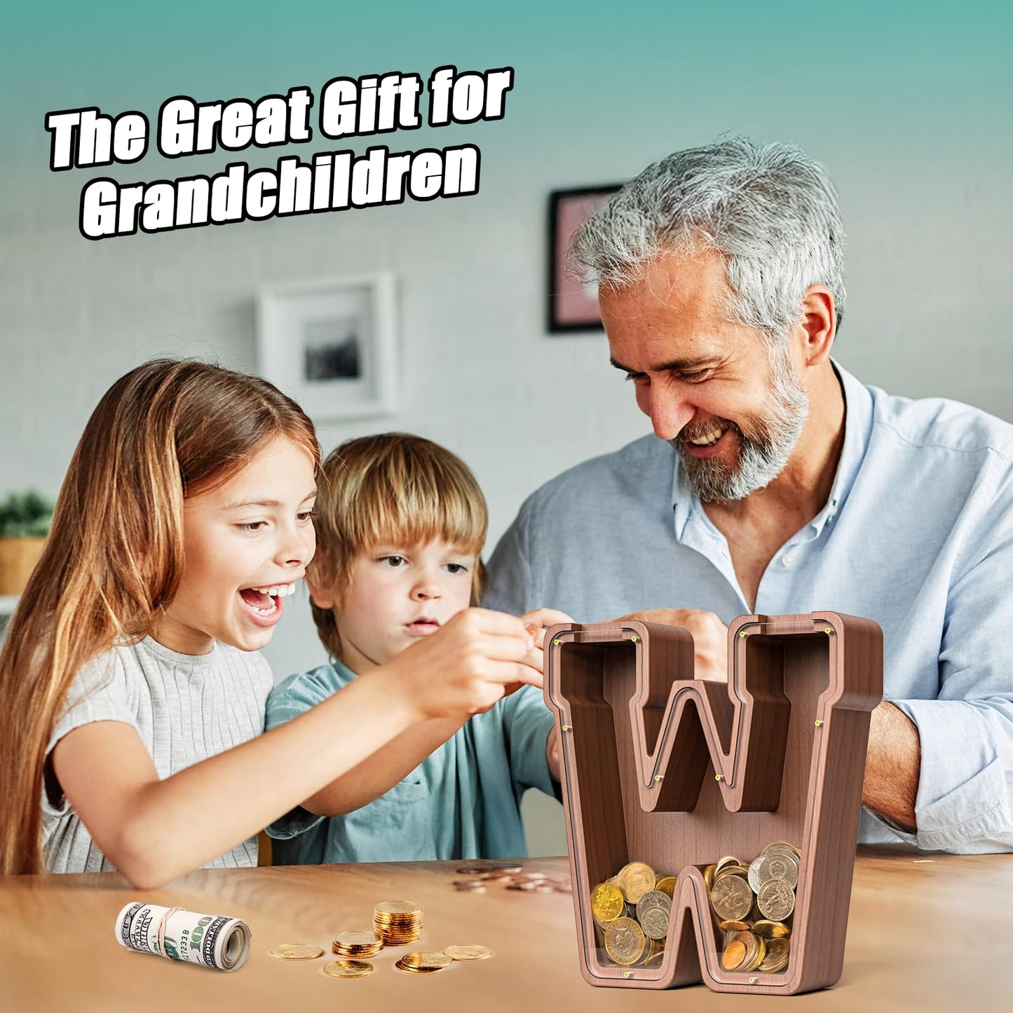 Summidate Wooden Letter Piggy Bank  Extra Thick Large Capacity Piggy Bank for Kids Boys Girls Toddler  Alphabet W Money Bank| Coin Box Birthday  Christmas  Festival