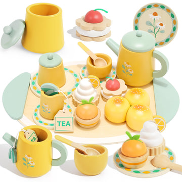 Wooden Tea Set For Toddlers Pretend Play Kitchen Accessories Little Girl Toys Tea Party Set For 3 4 5 6 Year Olds Enjoy Tea Time