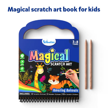 Skillmatics Scratch Art Book For Kids - Animals, Craft Kits & Supplies, 30+ Scratch Stickers, Travel Toys, Diy Kit, Gifts For Boys & Girls Ages 3, 4, 5, 6, 7, 8