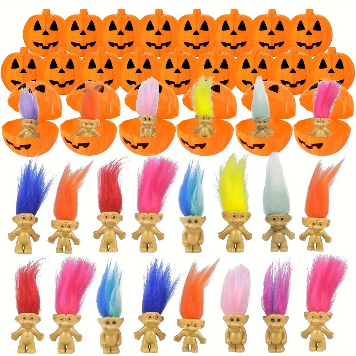 24 Pcs Vintage Lucky Dolls Action Figures Bulk with 12pcs Halloween Pumpkin Candy Box Great for Kids Boys Girls Halloween Party 