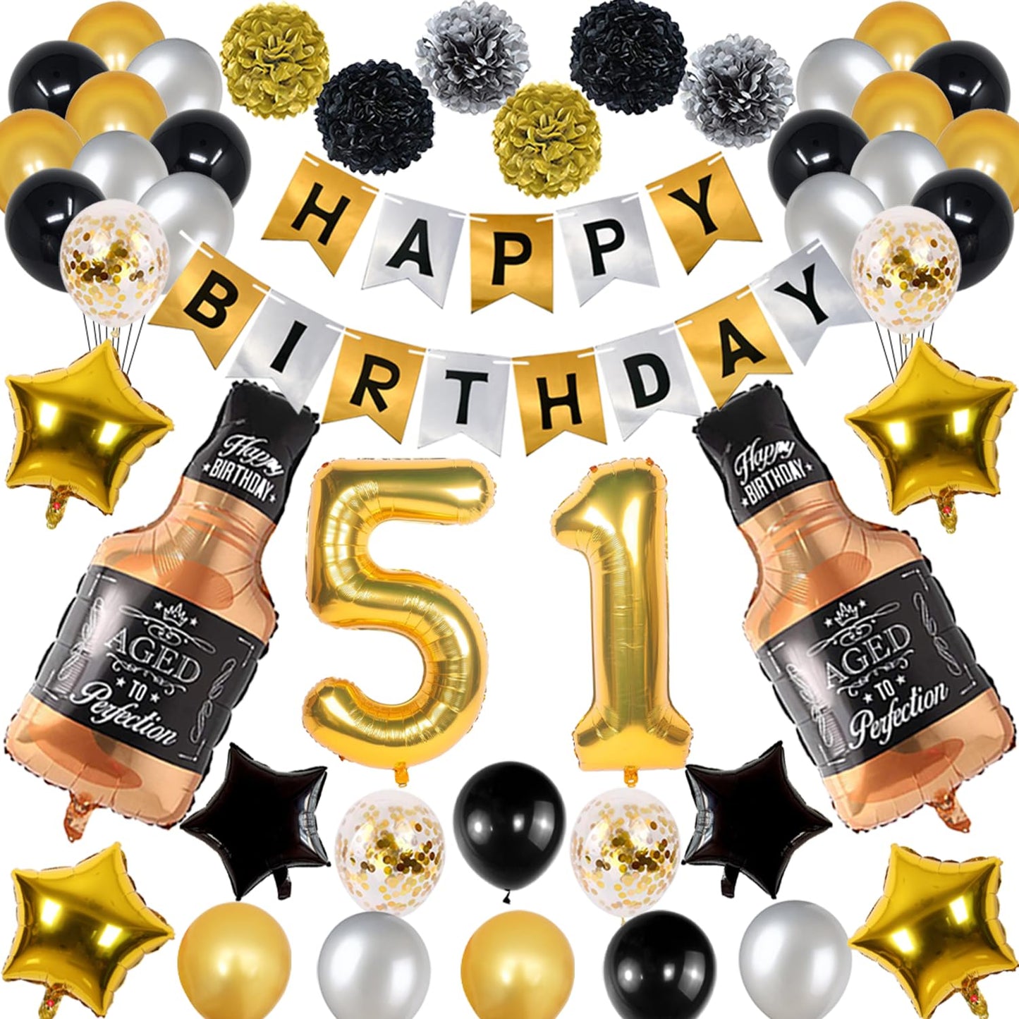 Naninuneno 51Tst Gold Birthday Decorations, Gold Black Silver Happy Birthday Balloons Supplies For Boy Men Girl Women, 51 Birthd