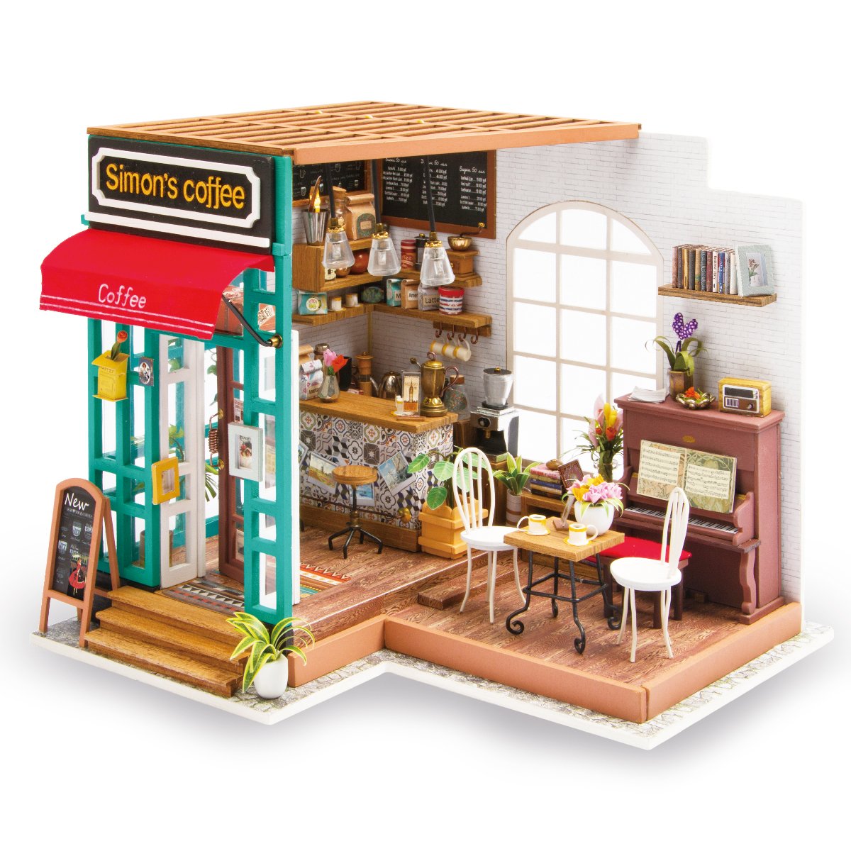 Hands Craft DIY Miniature Dollhouse Kit - Simon's Coffee 3D Model Tiny House Building with LED Lights Wood Prefabricated Pieces 
