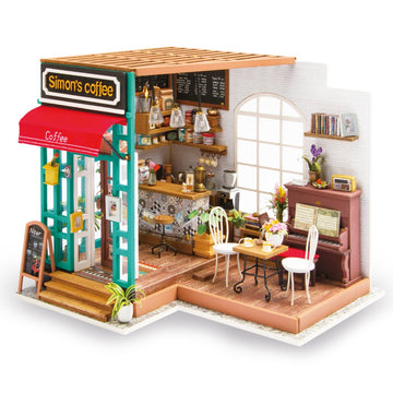 Hands Craft DIY Miniature Dollhouse Kit - Simon's Coffee 3D Model Tiny House Building with LED Lights Wood Prefabricated Pieces 