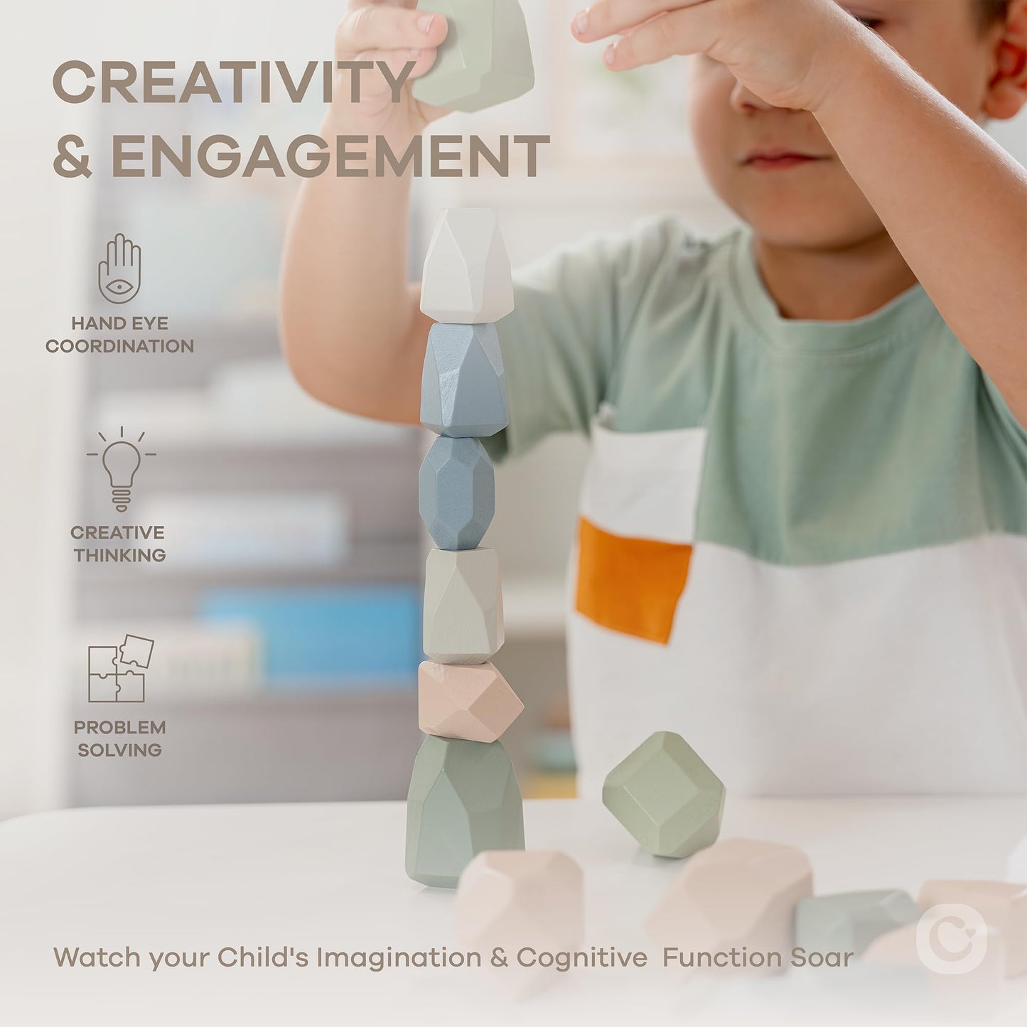 Comfy Cubs Stacking Rocks 36 Pieces, 36 Months+, Educational Toddler Stacking Blocks, Promotes Imagination, Balance & Fine Motor Skills - Wooden Rocks Sensory Toys Gift For Kid, Neutral Pack