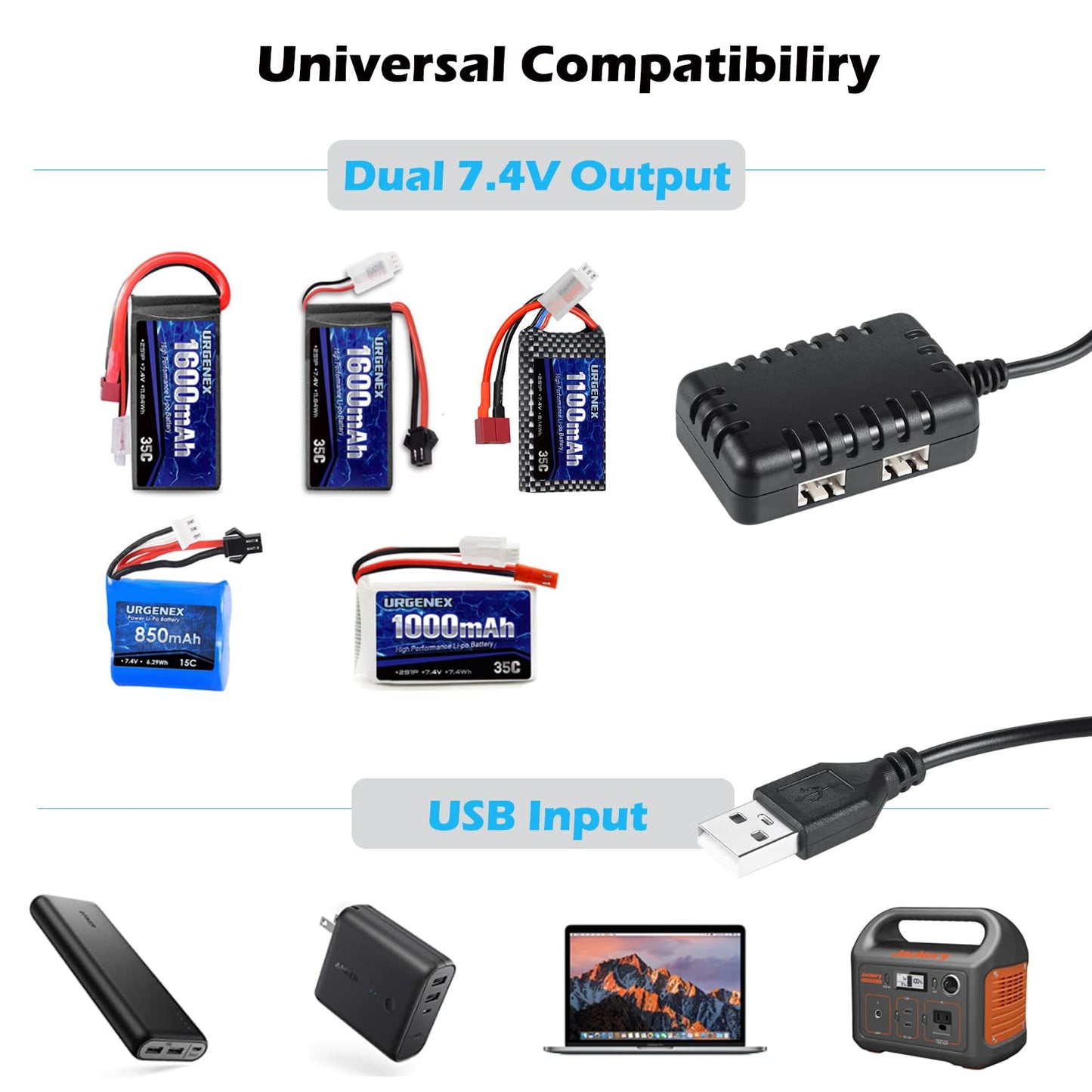 Urgenex Charger Cable 2S 7.4V 1 To 2 Usb Charger Replacement For Scx24 Rc Car 1A With Xh-3P Connector Compatible With Axial Scx1