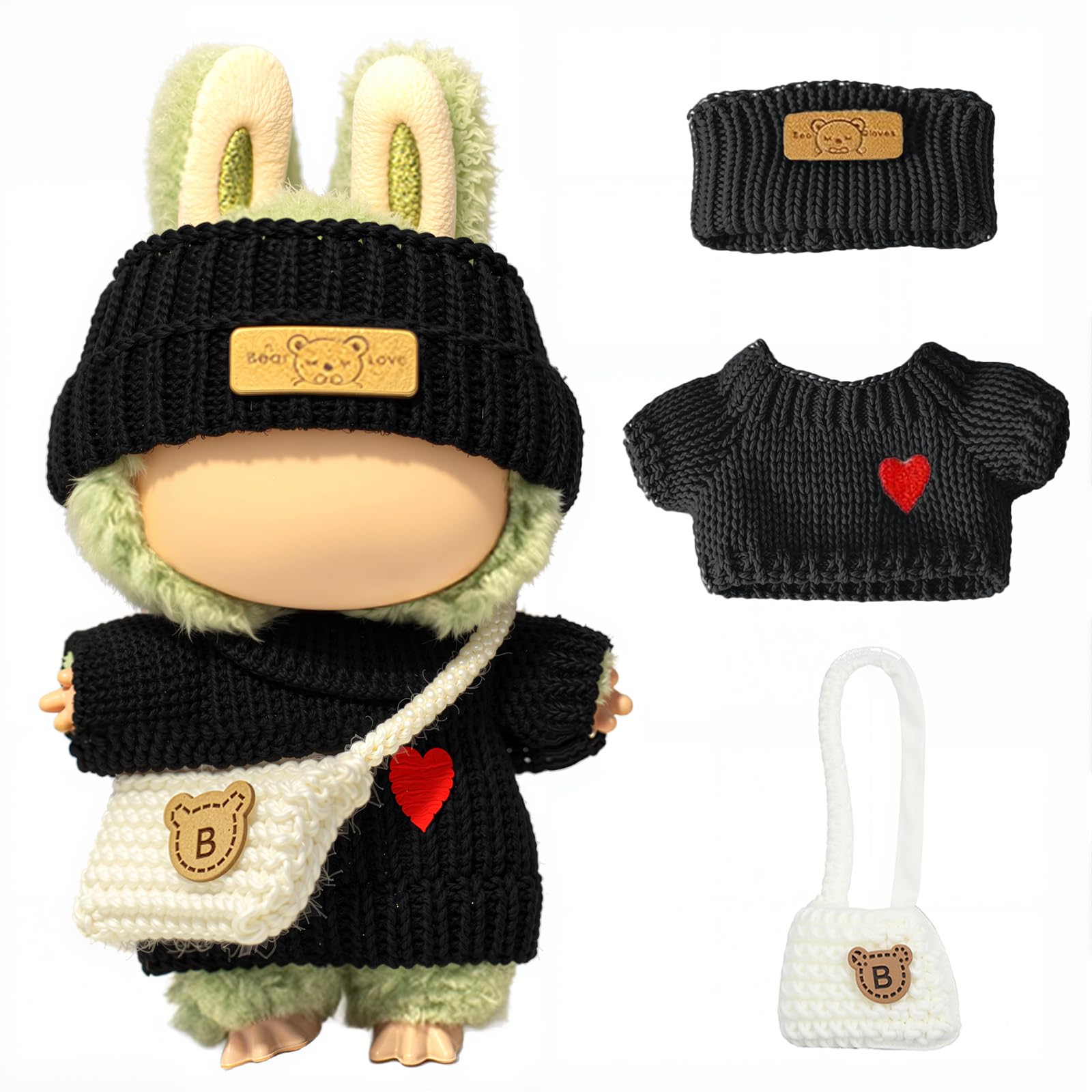 Clothes for LABUUB Doll (NO Doll)  Handcrafted Crochet 3-Piece Set for Doll Accessories  enhanced Outfit - Heart Sweater + Hat + Bag  Cute Clothes for Dress up Unique Style (Black)