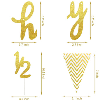 6 Months Banner Happy Birthday Banner Happy 1/2 Birthday Banner Glitter 1/2 Half Year Cake Topper Triangle Flag Banner For Half Year Baby Shower Birthday Party Decoration, Pre-Strung (Gold)