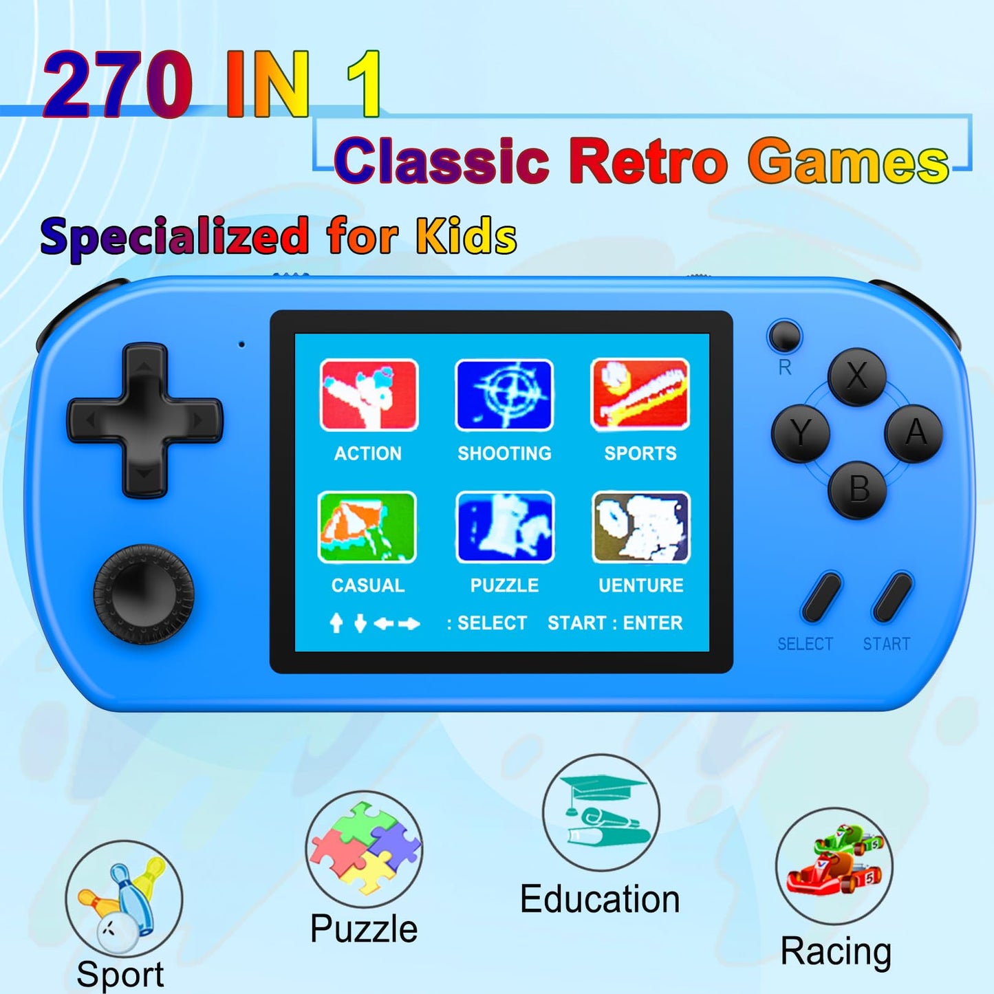 Great Boy Handheld Games For Kids Aldults With 270 Classic Retro Video Game 3.0'' Color Screen Tv Output Rechargeable Arcade Gaming Player,Support 2 Players Gamepad Birthday Xmas Gift(Blue)