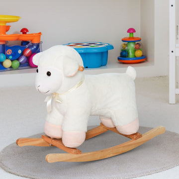 Qaba Lamb Rocking Horse Sheep, Nursery Stuffed Animal Ride On Rocker For Kids, Wooden Plush, White