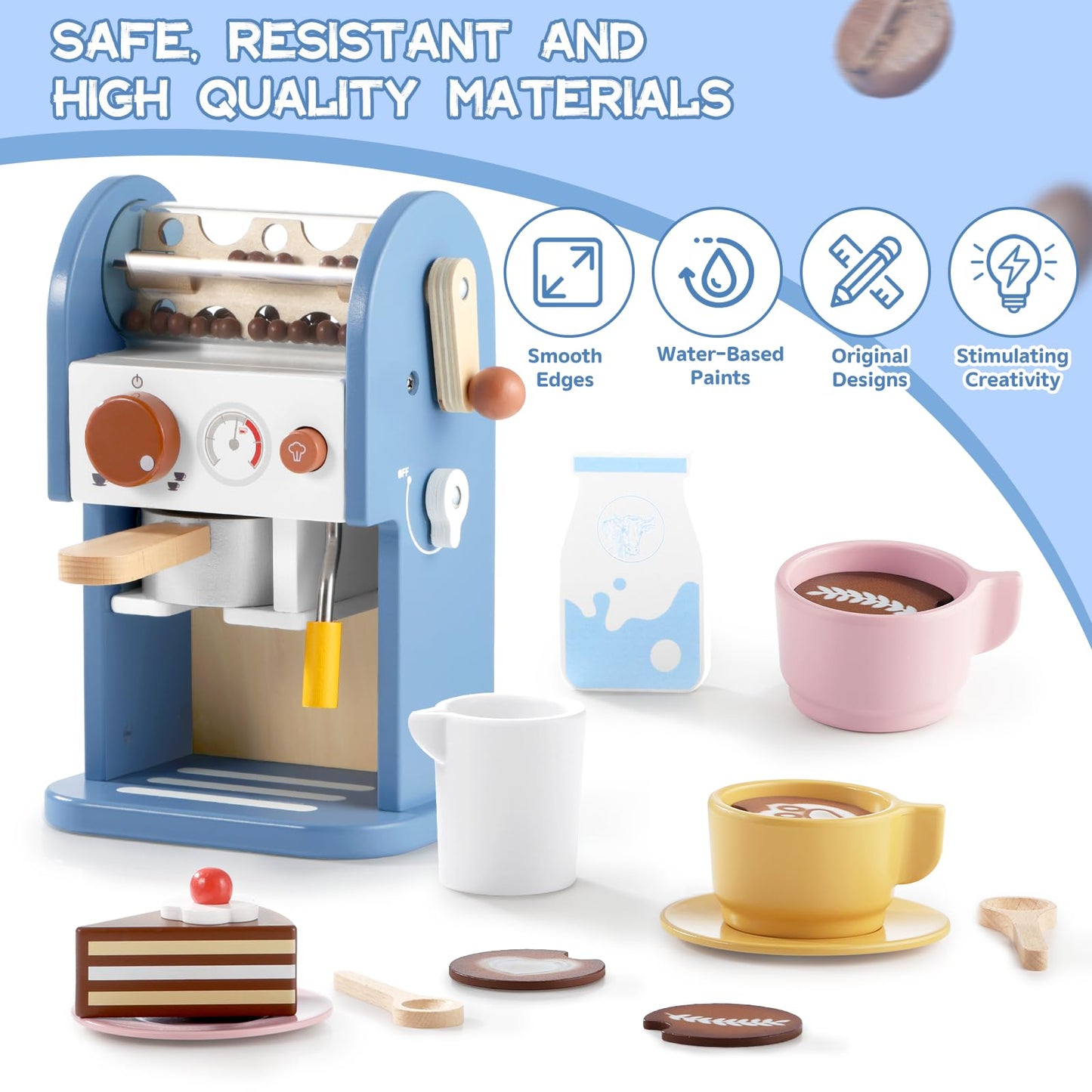 GAGAKU Wooden Coffee Machine Toy Set - 15 Pcs Non-Toxic Kitchen Accessories for Kids, Blue, Model G06CM2402, Ages 3+