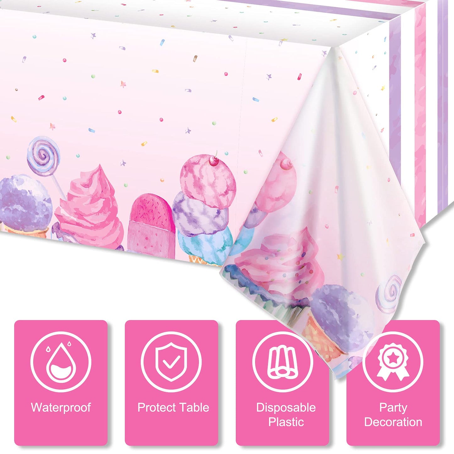 3 Pieces Ice Cream Party Tablecloth Ice Cream Table Cover Disposable Plastic Tablecloth Summer Table Covers for Baby Girls Showe