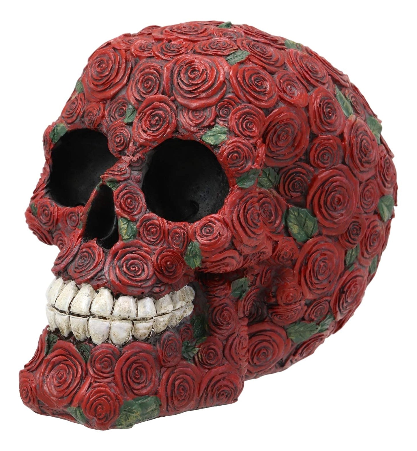 Ebros Valentine'S Day Of The Dead Red Floral Roses With Green Petals Skull Figurine Dod Rosa Sugar Skulls Statue As Cranium Skeleton Head Halloween Ossuary Macabre Altar Decor Collectible