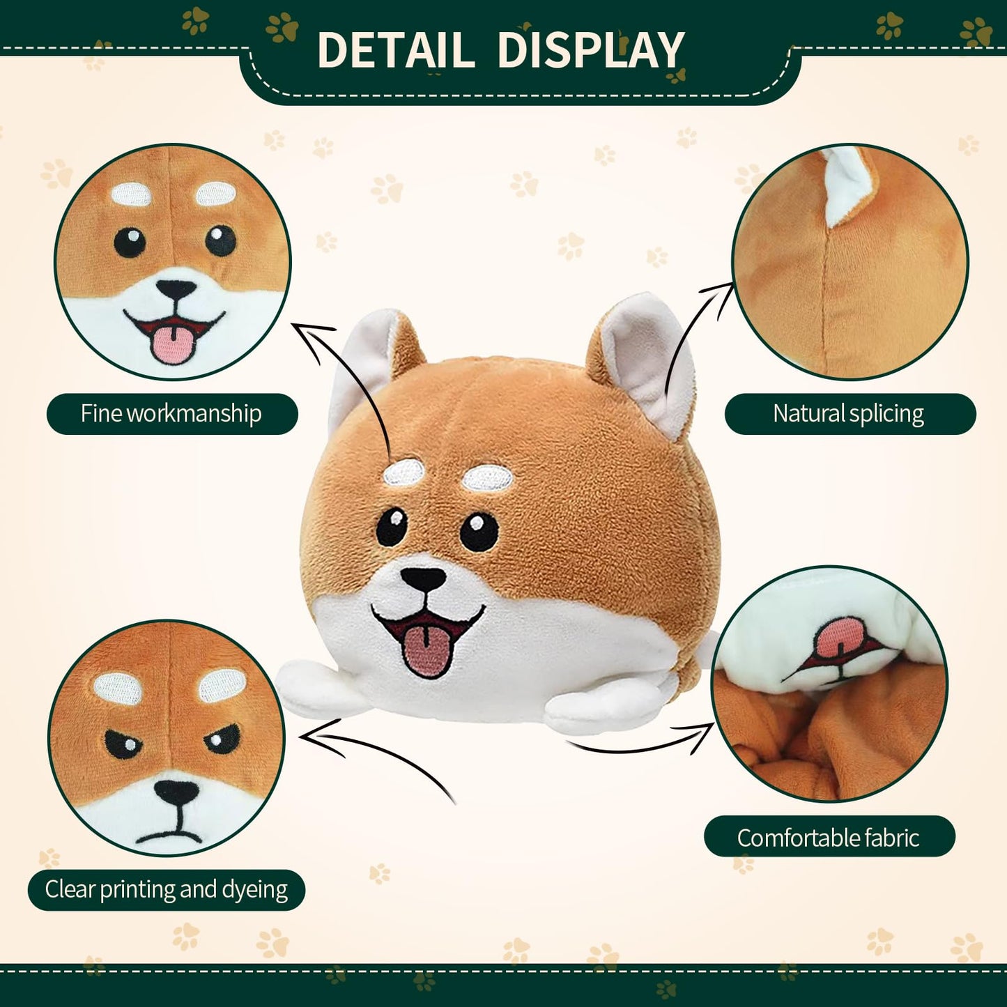 Double-Sided Flip Plush Toy,Reversible Stuffed Animal Mood Plush Flip Show Your Mood At All Times (Dog)