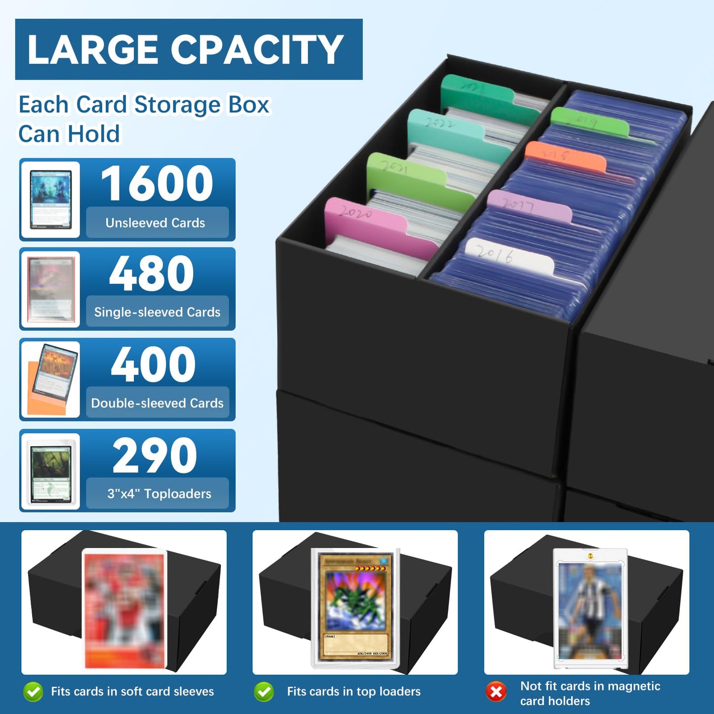 HIMOMO 6 Pack Trading Card Storage Box, 1600 Count Cardboard Storage Box with 48 Cards Dividers, Bulk Card Storage Boxes Sports