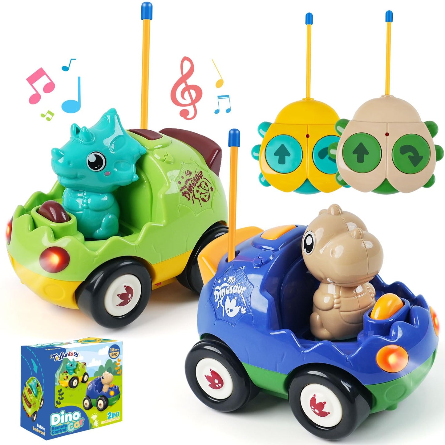 Toyfuntasy 2-Pack Remote Control Dinosaur Cars For Kids - Best Birthday Gifts For Boys Ages 2 3 4 5 Year Old, Electric Rc Dino C
