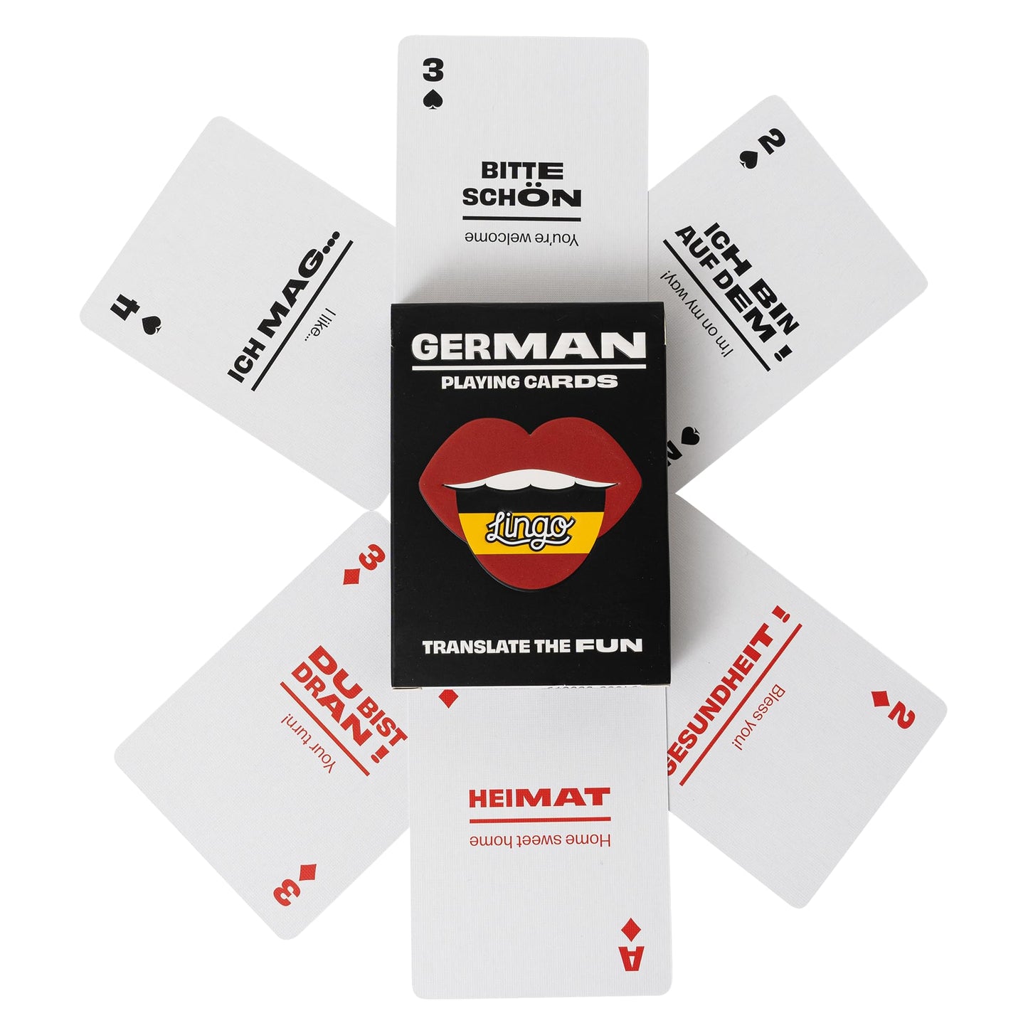 Lingo German Playing Cards | Travel Flashcards in Tin Box | 52 Essential Translations | Medium | Black