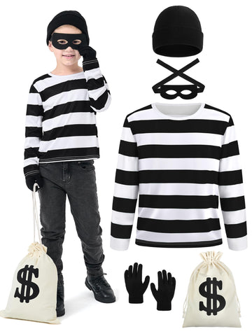 FancyFun 5 PCS Kids Halloween Costume Set  Boys Robber Costume Cosplay Set Burglar Accessories Striped Shirt Beanie Cap Mask 5-7Y