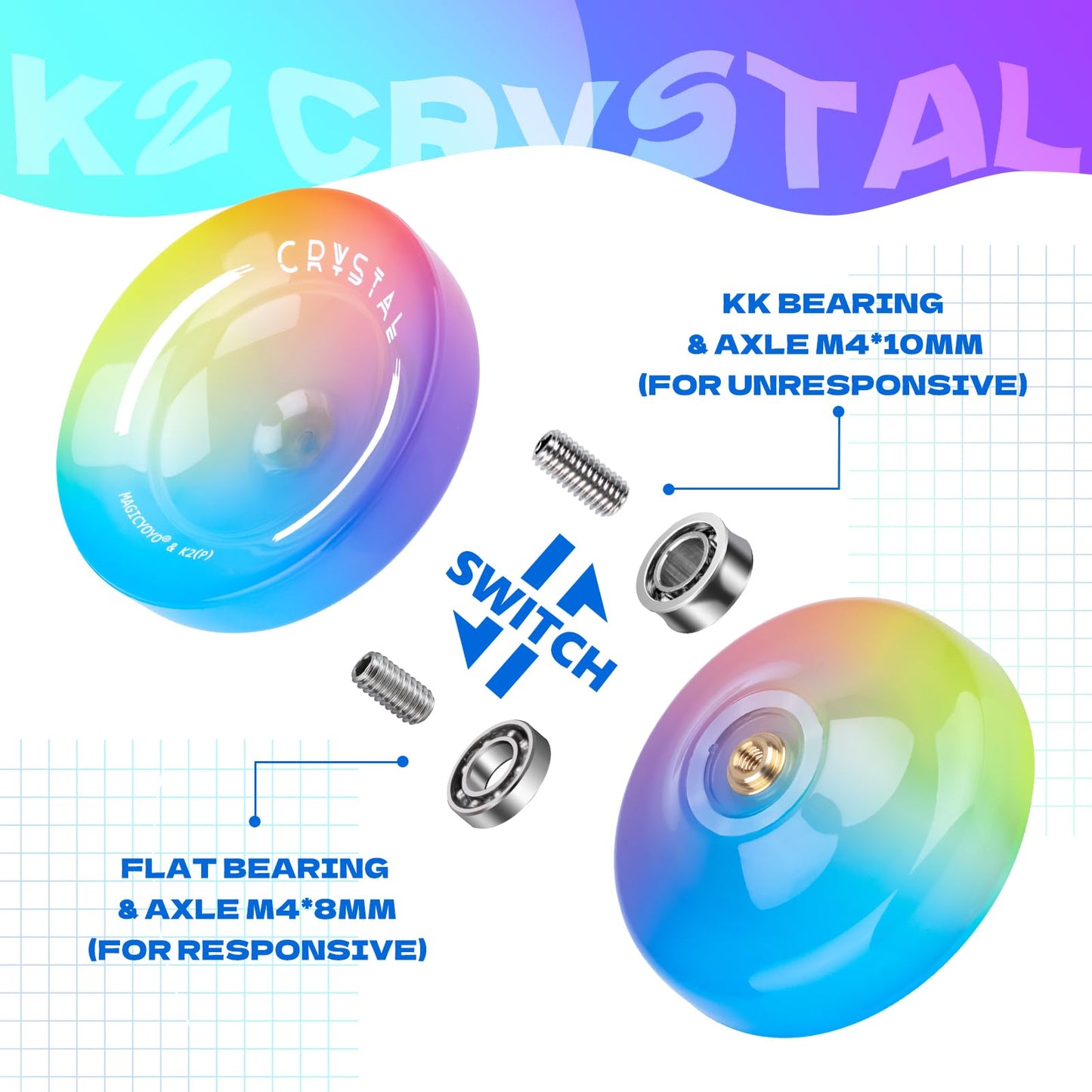 Responsive Yoyo For Kids Beginners, Professional Yoyo Crystal K2, Dual Purpose Yo-Yo For Adults + Extra Unresponsive Yo Yo Bearing + 12 Yoyo Strings + Yoyo Storage Bag ( Yellow Pink Blue Gradient)