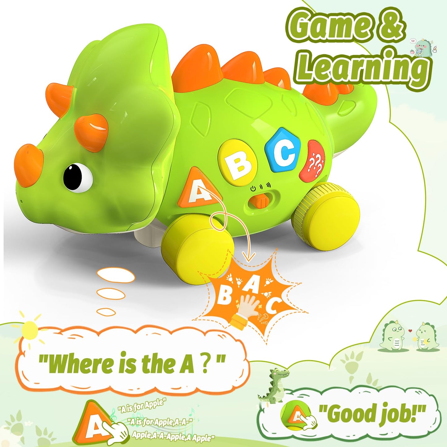 Baby Toys For 1 Year Old Boy Gir - Bilingual Musical Dinosaur Toy, Touch & Go Musical Light Crawling Educational Learning Toys F