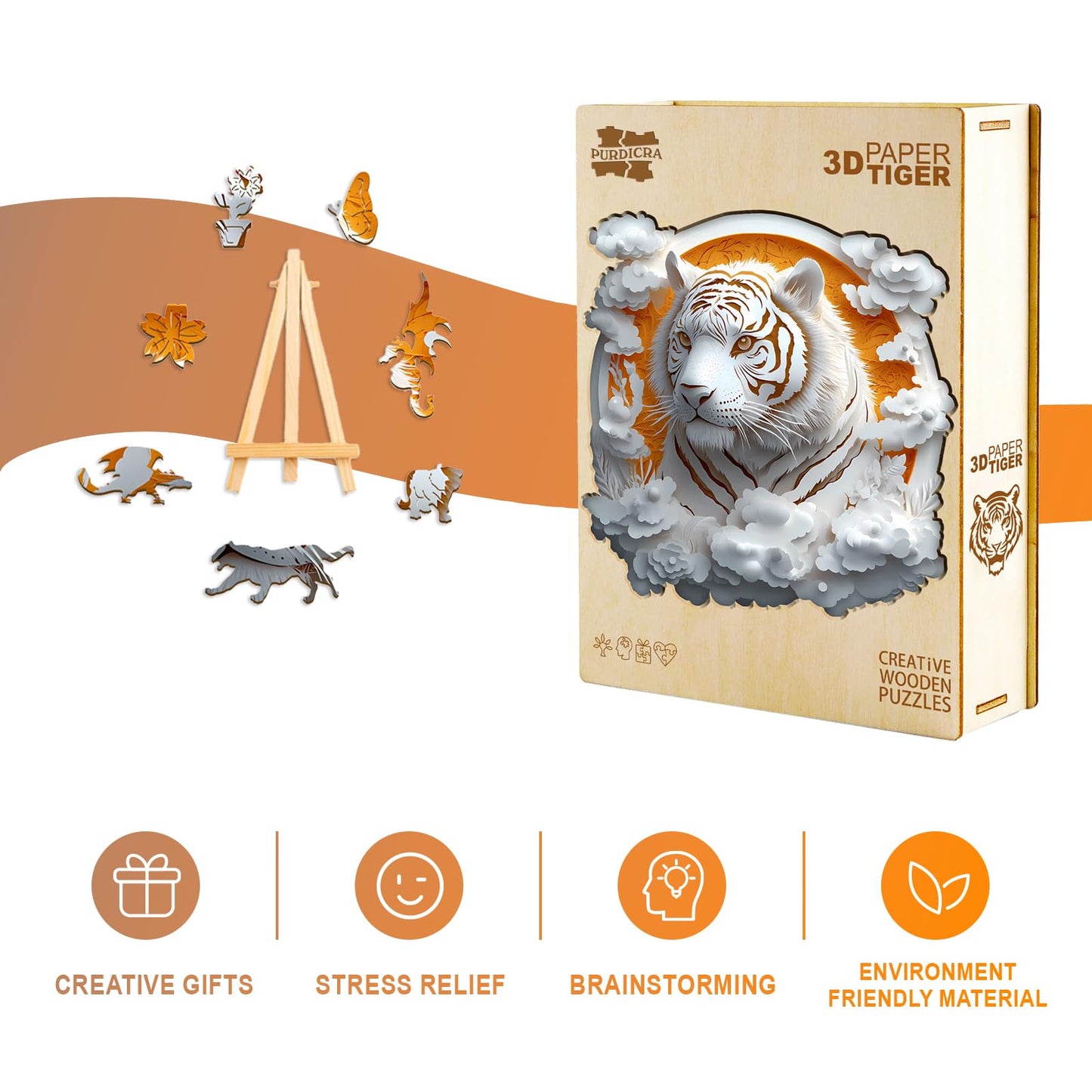 Wooden Puzzles for mature-themeds  Unique Animal Shaped Paper Tiger mature-themed Puzzle  3D Vision Wooden Jigsaw Puzzles mature-themed  Challenging Creative Gifts Family Games 13.4 * 13.4in 300pcs