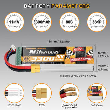 Nihewo 2Packs 11.1V Lipo Battery, 3S Lipo Battery 3300mAh 80C XT60 Connector Compatible with Axial E-flite RC Airplane Helicopte