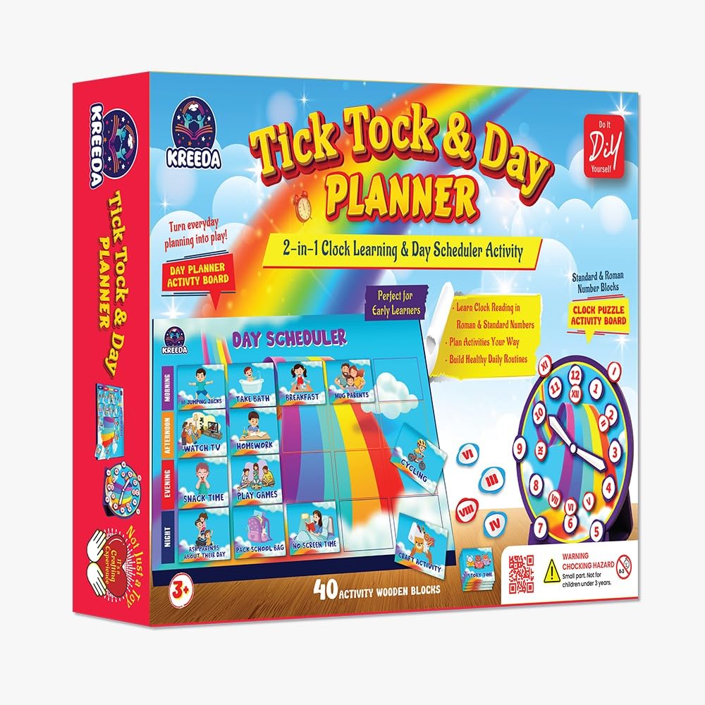 KREEDA Interactive Puzzle Clock & Day Planner for Kids 38 Years | 40 Daily Activity Blocks | 24 Roman & Standard Number Blocks 