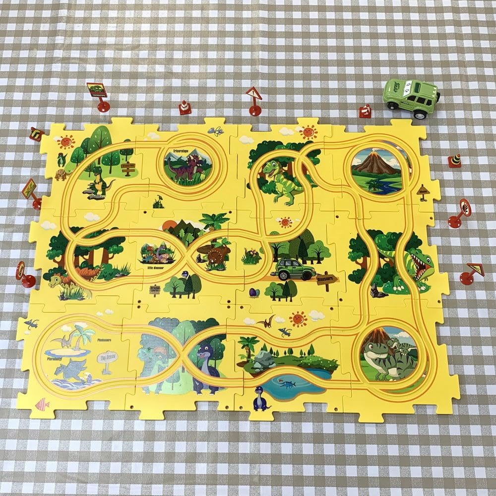 Powertrc Puzzle Track Car Playset, 25 Pcs Puzzle Racer Kids Car Track Set, Toys For Boys 3-5, Floor Puzzle Adventure Track Set, Car Set For Boys 3-5 Toddler Toy Gift (Safari Theme)