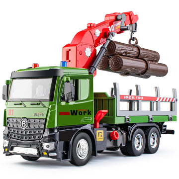 HAPYAD Timber Truck Toy Metal Cab, Friction Powered Timber Truck with Fully Functioning Loading Crane and 3 Loadable Trunks, Big