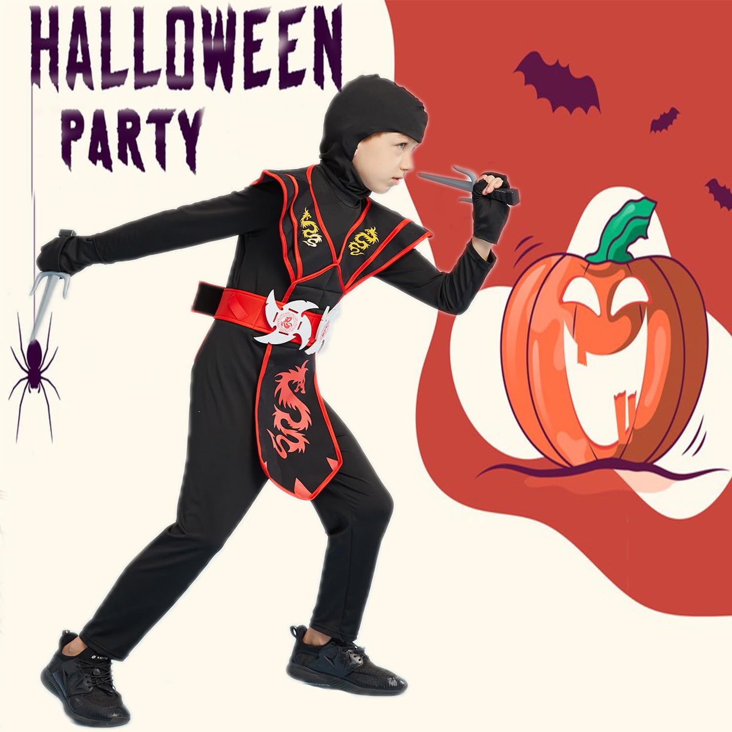 Satkull Ninja Costume For Boys&Girls Halloween Deluxe Costume With Ninja Foam Accessories Toys Set For Kids(Kids-L)