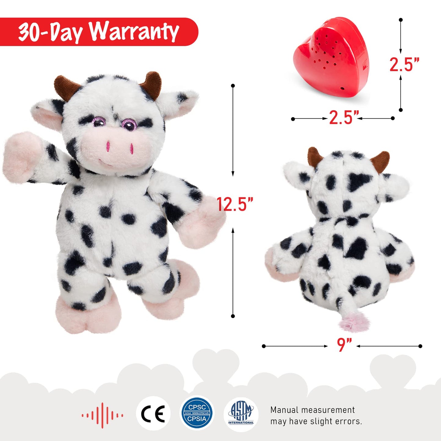 Cozyworld 12.5' Heartbeat Diary Cow Recordable Stuffed Animals Voice Sweet Messages Recorder Soft Plush Toy Playback Your Words Birthday Gifts For Toddler Kids