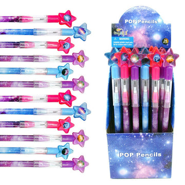 Tiny Mills 24 Pcs Galaxy Outer Space Multi Point Stackable Pencil with Eraser for Outer Space Galaxy Birthday Party Favor Prize 