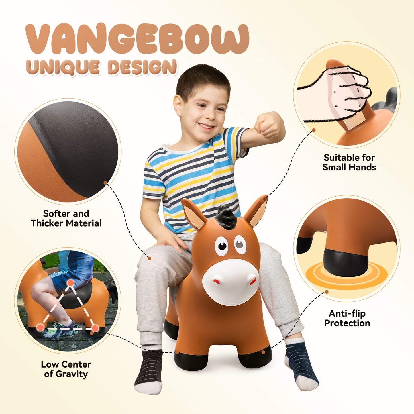 VangeBow Bouncy Horse - Inflatable Jumping Animal Hopper for Kids 3+, Black Saddle, PVC Material, Pump Included, Perfect Birthday Gift