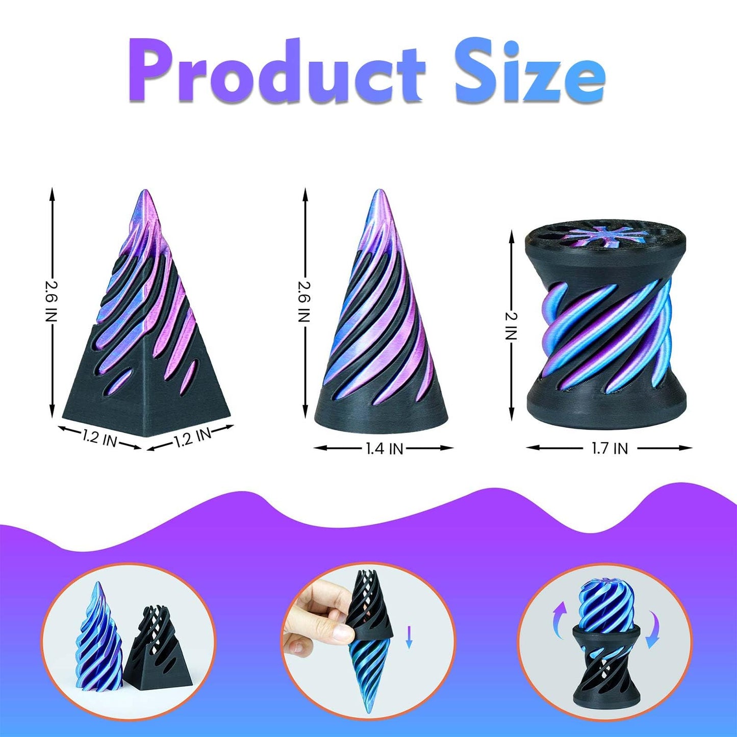 3PCS Impossible Cone 3D Printed Spiral Cone Fidget Toys Impossible Pyramid Passthrough Sculpture Stress Relieving Toys for mature-themeds and Kids Stocking Filler White Elephant Gifts (Purple+Black)