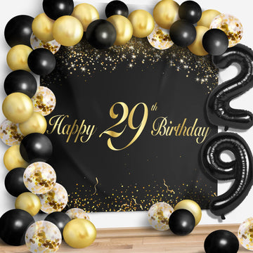 Happy 29Th Birthday Balloons Black Set Decor - Cheers To 29 Years Old Party Theme Garland Banner Backdrop Decorations For Women