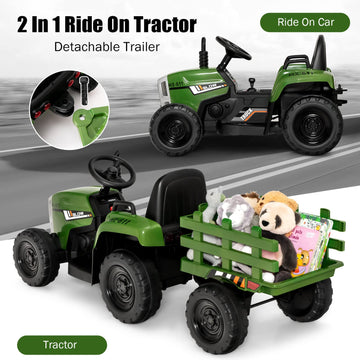 Costzon Ride On Tractor With Detachable Trailer, 12V Kids' Electric Vehicles W/3-Gear-Shift Ground Loader, Wireless Design & Usb, 7 Led Headlights, Remote Control Tractor Toy For Kids 3+ (Dark Green)